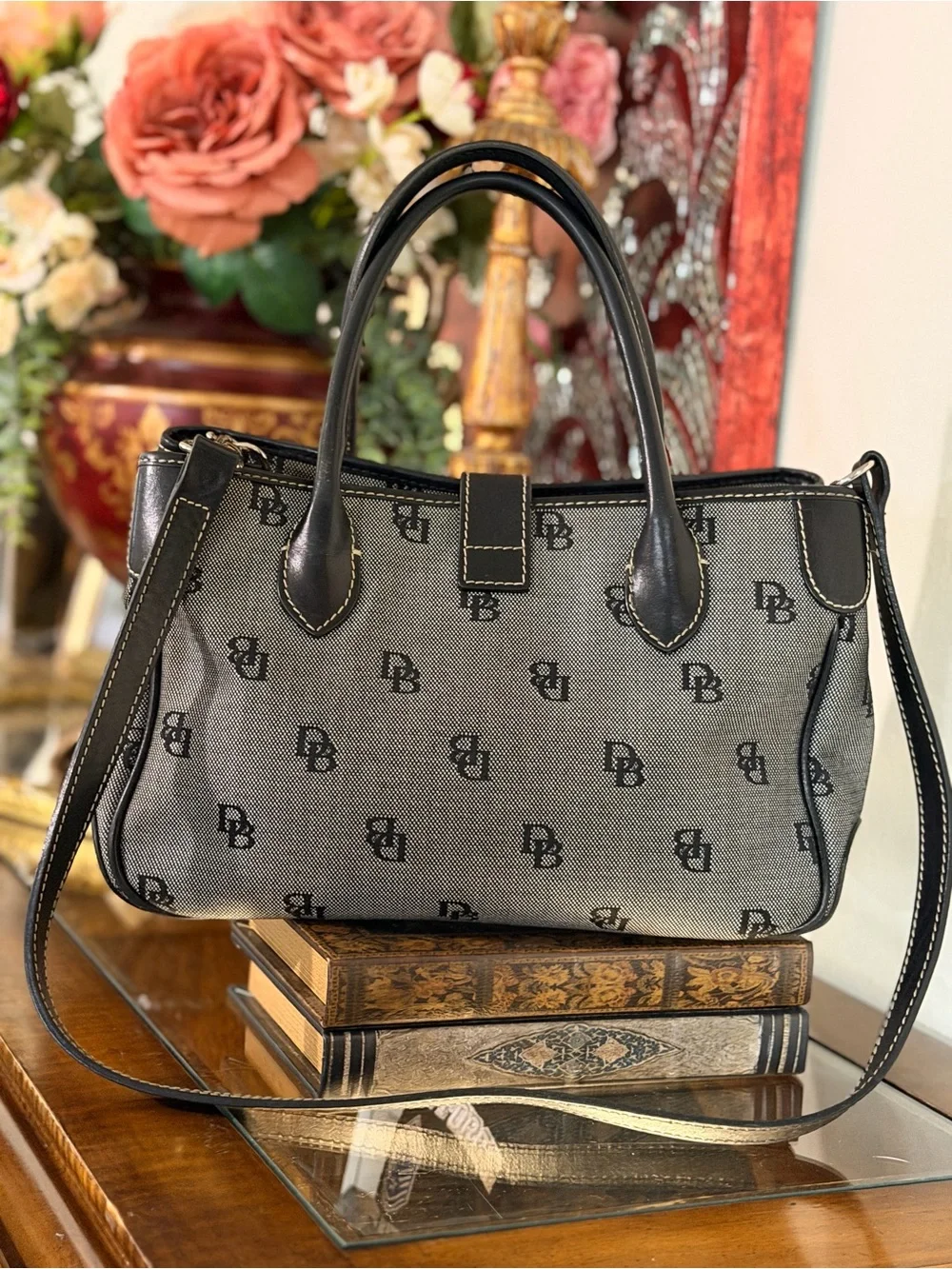Dooney & Bourke Gray Monogram Jacquard Leather Satchel Purse Classic Preppy